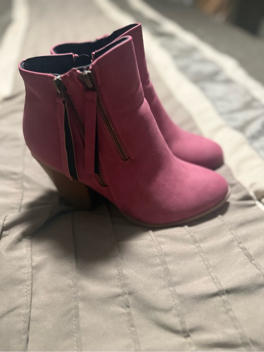 Pink Suede-Look Side Zip Ankle Booties